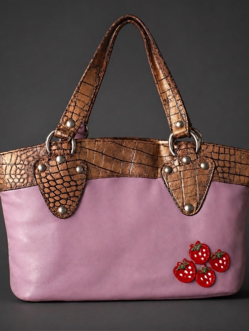 Falor Italian Leather Lilac Shoulder Tote Vintage Bronze Croc Embossed Bag
